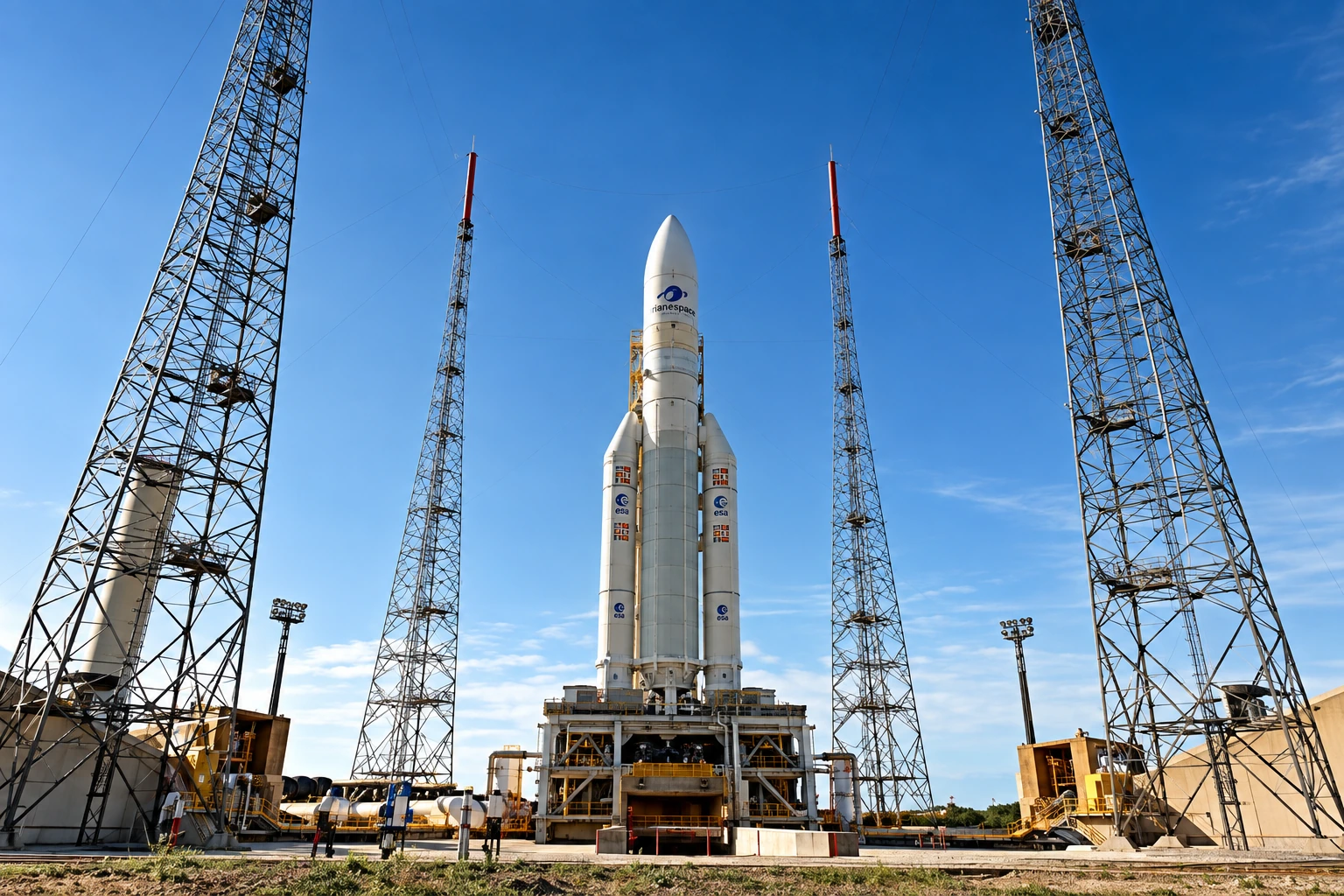 Ракета на стартовой площадке между металлическими башнями космодрома Куру, Французская Гвиана